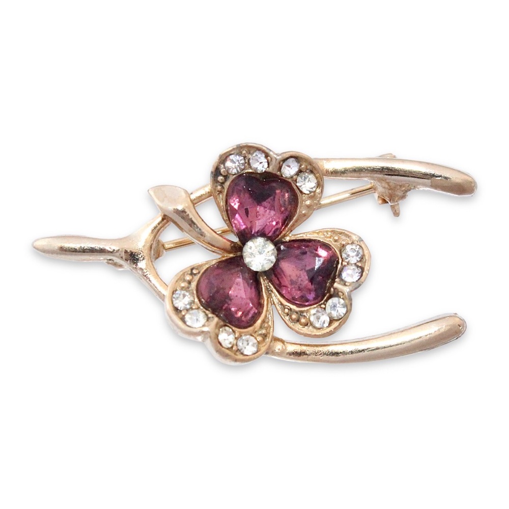 Vintage Wishbone Shamrock Brooch Purple Rhinestone Gold Tone Lucky 3 Leaf Clover